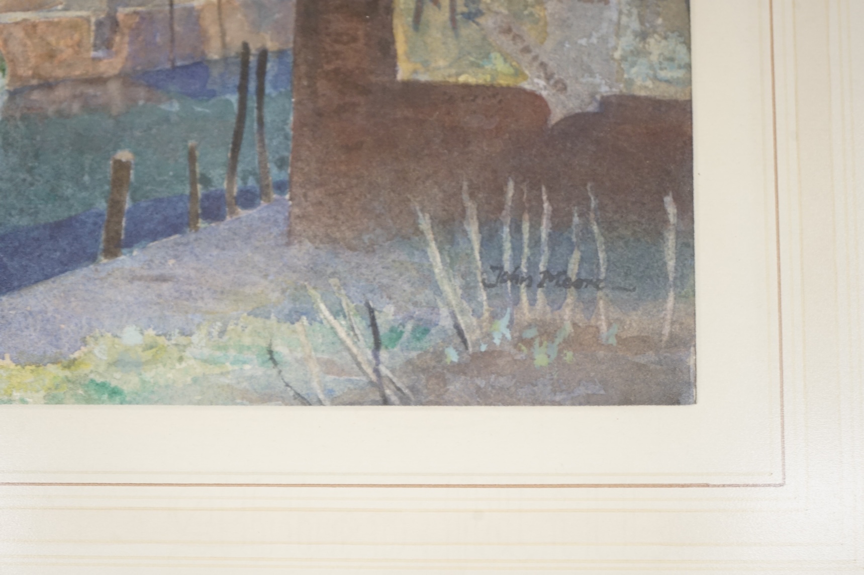 Rear Admiral Humfrey John Bradley Moore RI (1898-1985), watercolour, Venice, Barge in a side canal, signed, Royal Institute gallery's label verso, 27 x 37cm